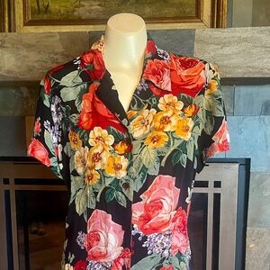 Ellen Tracy Silk Floral Roses Black Pink Dark Cottage Core Blouse 8
